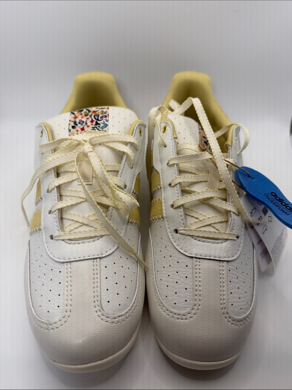 adidas Cream and Yellow Lace-Up Sneakers with Floral Tongue
